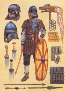 Soldado Romano do período final do império, com seu equipamento extremamente modificado pelas influências germânicas (Fonte: Late Roman Legions & military: https://goo.gl/1CDHaj / Autor: Desconhecido)