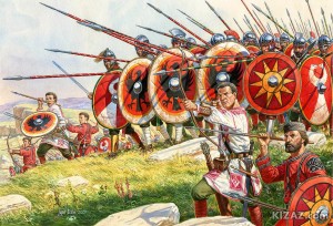 Acredite ou não, essa gravura mostra um exército romano lutando contra invasores germânicos, nos idos do século IV EC. (Fonte: Late Roman Legions & military: https://goo.gl/1CDHaj / Autor: Igor Dzis)