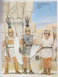 Legionários romanos na península ibérica, durante a Segunda Guerra Púnica (218 - 201 AEC) - ((Fonte: Table of Contents - http://goo.gl/DdQqow / Autor: Angus McBride)