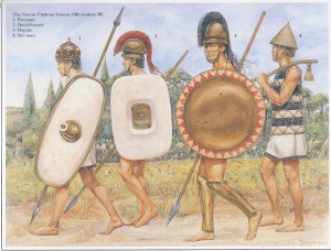 Guerreiros Úmbrios e de outras tribos italiotas do Norte, que lutavam com frequência contra Roma (Fonte: Table of Contents - http://goo.gl/DdQqow / Autor: Richard Hook)