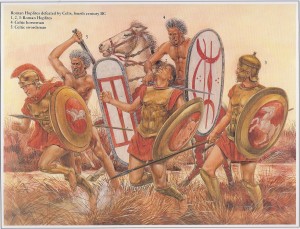 gravuras mostrando hoplitas romanos enfrentando guerreiros celtas do norte da Itália (4º Século AEC) - (Fonte: Table of Contents - http://goo.gl/DdQqow / Autor: Desconhecido)