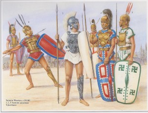 Gravura mostrando como possivelmente eram os guerreiros samnitas, que foram frequentes inimigos de Roma (Fonte: Table of Contents - http://goo.gl/DdQqow / Autor: Desconhecido)