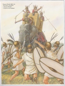 Hastatis romanos enfrentando um Elefante de guerra do estado grego de Epíro, que invadiu o sul da Itália (Fonte: Osprey - Ancient Roman Armies / Autor: Richard Hook)