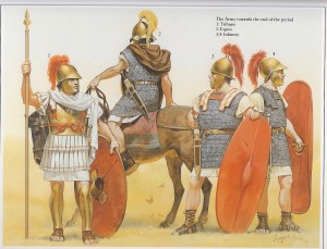 Soldados romanos do período final da República. Pode-se ver que agora não havia distinção entre os legionários que tinham melhores ou piores equipamentos. (Fonte: Table of Contents - http://goo.gl/DdQqow / Autor: Angus McBride)