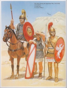 Soldados romanos durante as guerras no norte da áfrica pelo controle da Numídia (110 - 105 AEC), guerra esta em que Caio Mário se destacou como grande comandante - (Fonte: Table of Contents - http://goo.gl/DdQqow / Autor: Angus McBride)