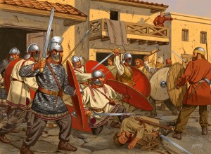 Soldados romanos enfrentando os invasores francos na Gália, século IV EC (Fonte: Late Roman Legions & military: https://goo.gl/1CDHaj / Autor: Desconhecido)